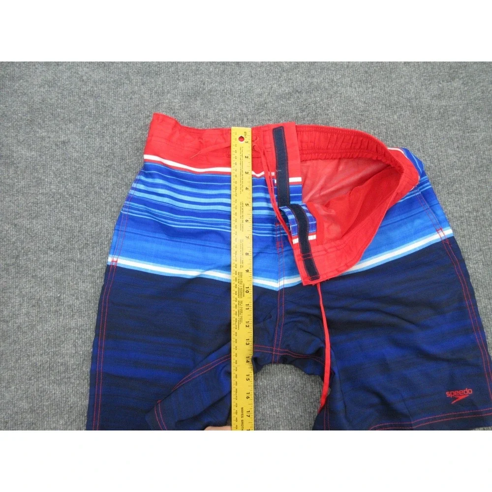 Speedo Mens Swim Trunks Regular Blue Red Striped Mesh Liner L